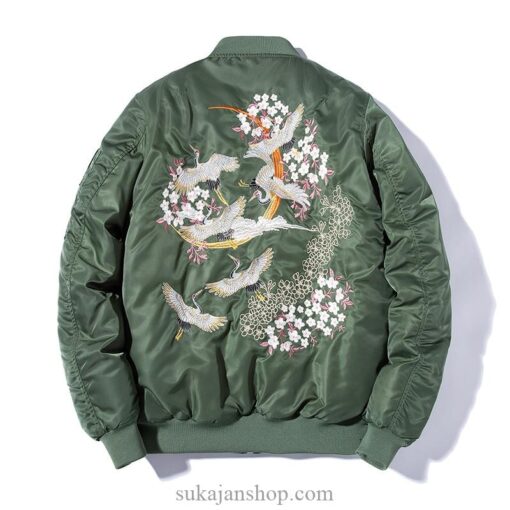 Floral Rising Cranes Embroidered Sukajan Souvenir Jacket (Green, Black) 2
