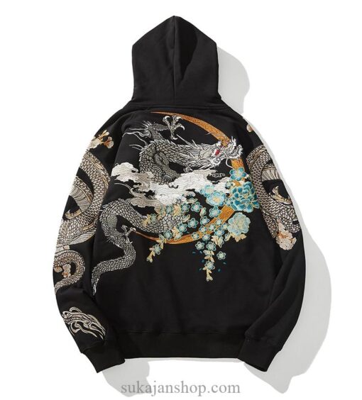 Floral Rising Dragon and Cloud Embroidered Sukajan Hoodie 3