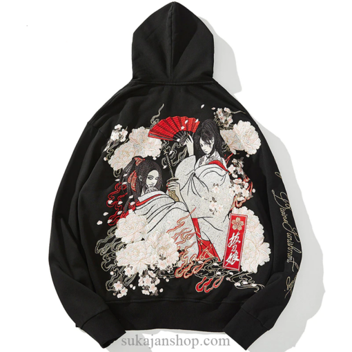 Floral Geisha Sword Girls Embroidered Sukajan Hoodie (Many Colors)