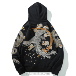 Floral Rising Phoenix and Dragon Embroidered Sukajan Hoodie Floral Rising Phoenix and Dragon Embroidered Sukajan Hoodie