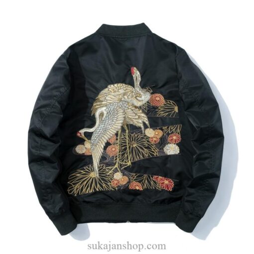 Double Cranes with Flowers Embroidered Sukajan Souvenir Jacket 1 Double Cranes with Flowers Embroidered Sukajan Souvenir Jacket 1