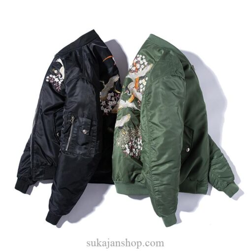 Floral Rising Cranes Embroidered Sukajan Souvenir Jacket (Green, Black) 4 Floral Rising Cranes Embroidered Sukajan Souvenir Jacket (Green, Black) 4