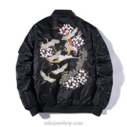 Floral Rising Cranes Embroidered Sukajan Souvenir Jacket (Green, Black) 1 Floral Rising Cranes Embroidered Sukajan Souvenir Jacket (Green, Black) 1