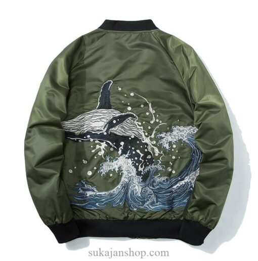 Whale Riding The Great Wave Japanese Embroidered Sukajan Souvenir Jacket (Black, Green, Red) 6