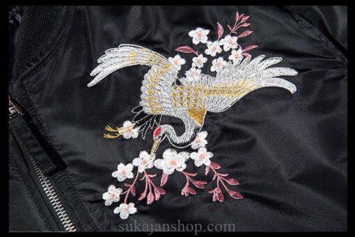 Floral Rising Cranes Embroidered Sukajan Souvenir Jacket (Green, Black) 1