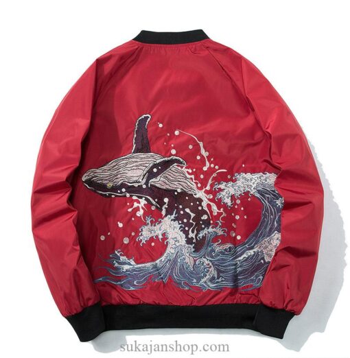 Whale Riding The Great Wave Japanese Embroidered Sukajan Souvenir Jacket (Black, Green, Red) 4