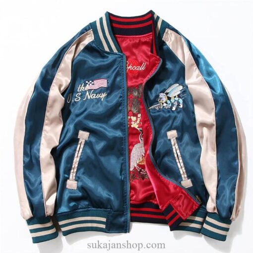 Fighting Cute Bee and Cranes Embroidered Sukajan Souvenir Jacket [Reversible] 1