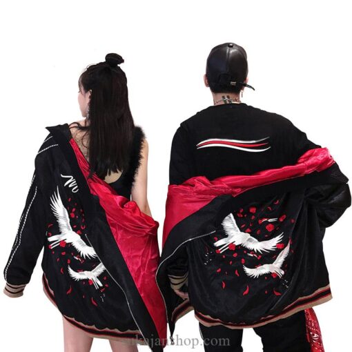 White Crane Embroidery Smooth Satin Jacket 1 White Crane Embroidery Smooth Satin Jacket 1