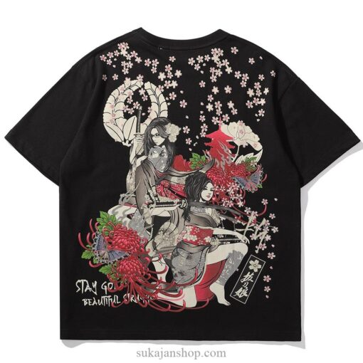 Geisha Cherry Flowers Cute Sukajan T-shirt