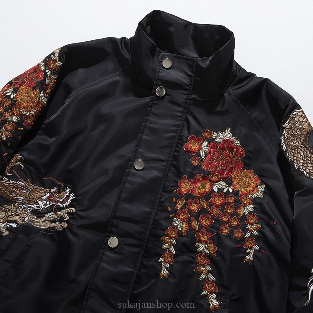 Dragon Cherry Flowers Embroidery Stand Collar Sukajan Jacket