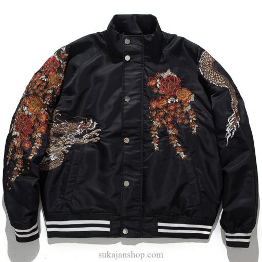 Dragon Cherry Flowers Embroidery Stand Collar Sukajan Jacket 2 Dragon Cherry Flowers Embroidery Stand Collar Sukajan Jacket 2