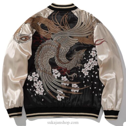 Fiery Satin Phoenix Embroidery Stand Collar Sukajan Souvenir Jacket