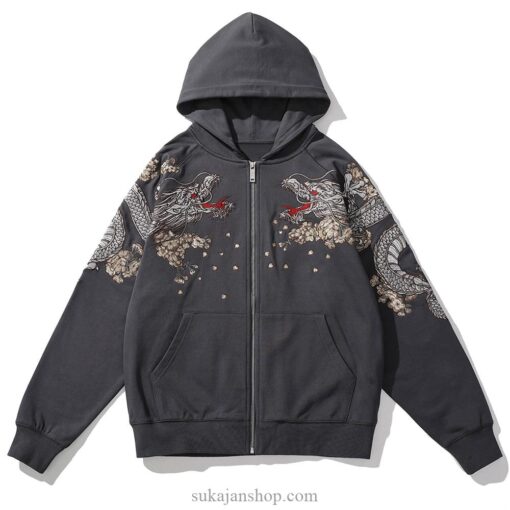 Mythical Dragon Floral Embroidered Sukajan Zip-Up Hoodie 3