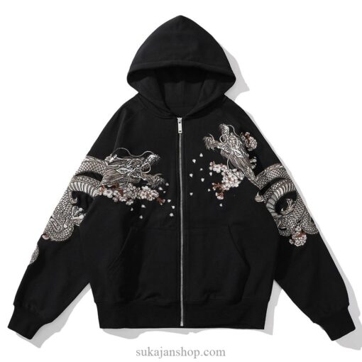 Japanese Mythical Dragon Fox Vintage Embroidered Sukajan Zip-Up Hoodie 2