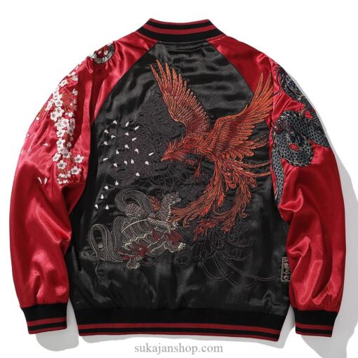 Embroidery Dragon Phoenix Flower Graphic Stand Collar Sukajan Jacket