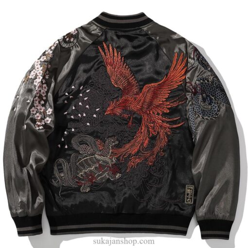 Embroidery Dragon Phoenix Flower Graphic Stand Collar Sukajan Jacket 4