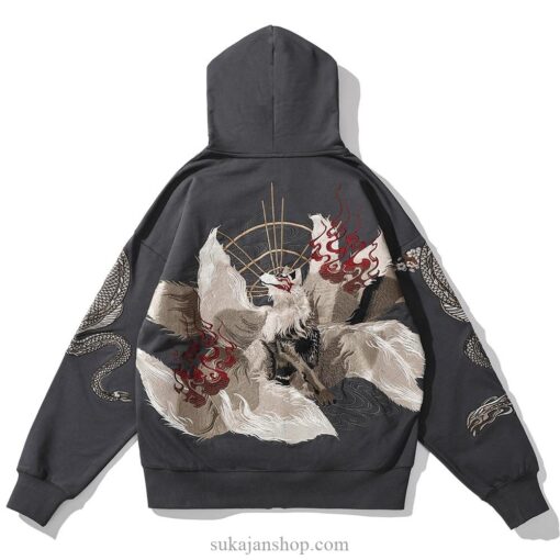 Japanese Mythical Dragon Fox Vintage Embroidered Sukajan Zip-Up Hoodie 4