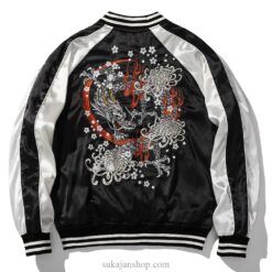 Retro Satin Dragon Embroidery Splicing Stand Collar Sukajan Souvenir Jacket