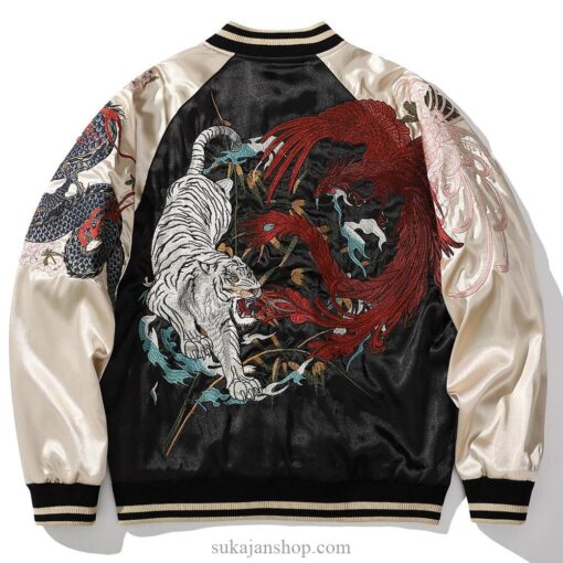 Satin Phoenix Roaring Tiger Dragon Embroidery Sukajan Jacket