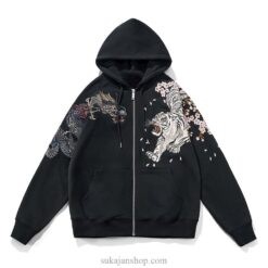 Japanese Style Vintage Dragon Phoenix Embroidered Sukajan Zip-Up Hoodie 2