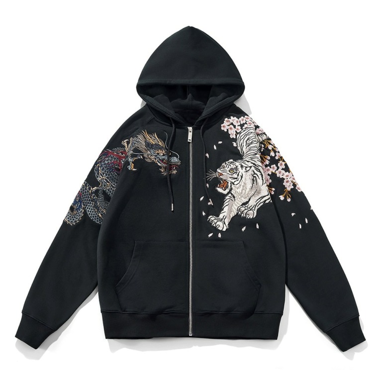 Japanese Style Vintage Dragon Phoenix Embroidered Sukajan Zip-Up Hoodie