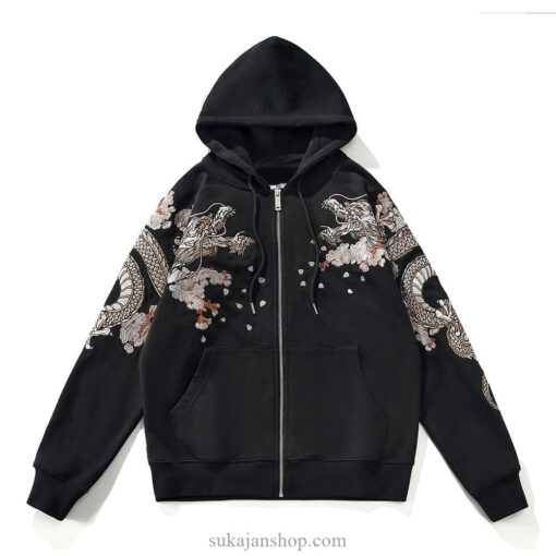 Mythical Half Moon Dragon Cloud Embroidered Sukajan Zip-Up Hoodie 2