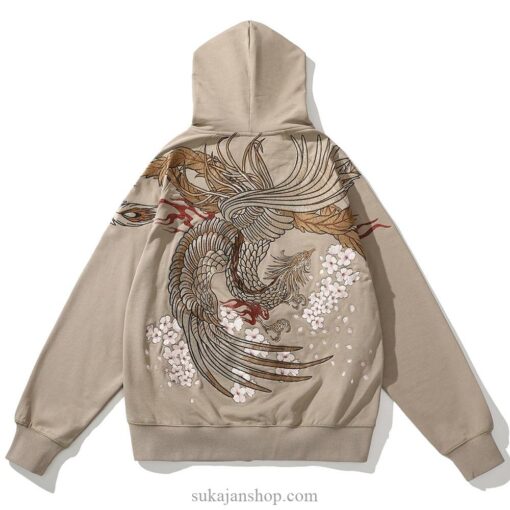 Mythical Floral Rising Phoenix Embroidery Sukajan Zip-Up Hoodie