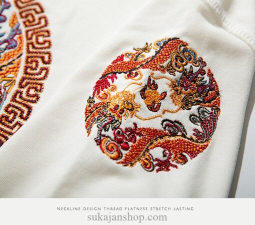 Retro Dragon Circle Symbols Embroidered O Neck Sweatshirt 17