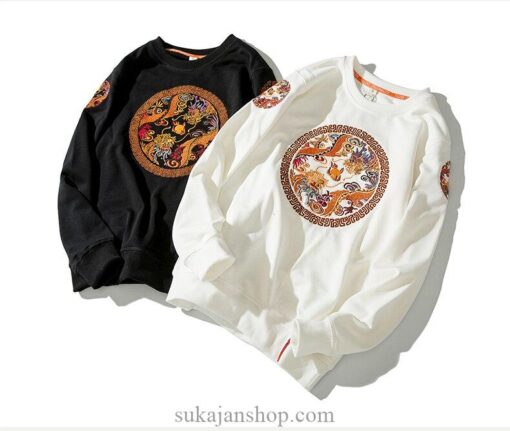 Retro Dragon Circle Symbols Embroidered O Neck Sweatshirt 16