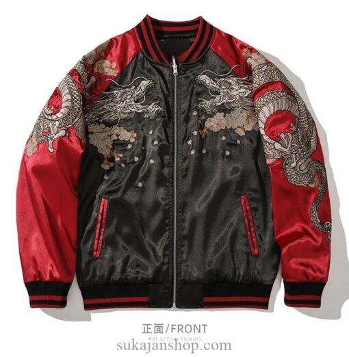 Red Black Spring and Autumn Embroidered Jacket Dragon Sukajan Jacket 4