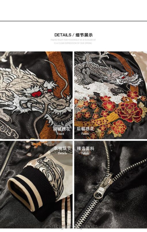 Black White Spring and Autumn Embroidered Jacket Dragon Sukajan Jacket 11