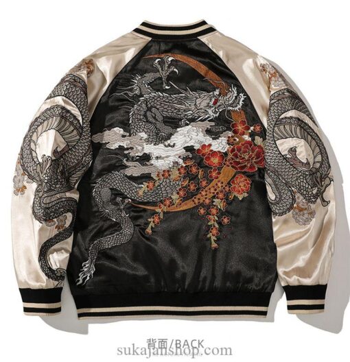 Black White Spring and Autumn Embroidered Jacket Dragon Sukajan Jacket 10
