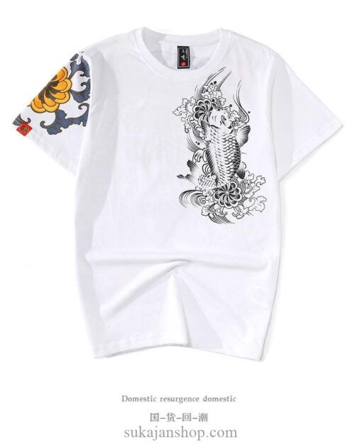Cotton Vintage Carp Sukajan Print T-Shirt (Black and White Colors) 9