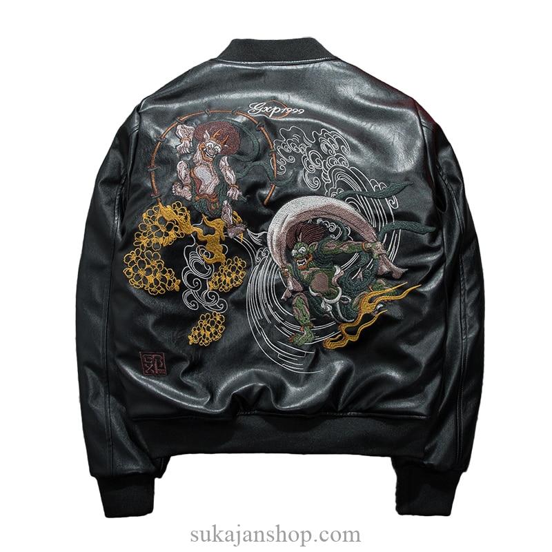 PU Faux Leather Mythical Ghost Sukajan Bomber Jacket