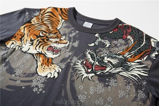 Japanese Style Roaring Tiger Dragon Print Sukajan T Shirt 14