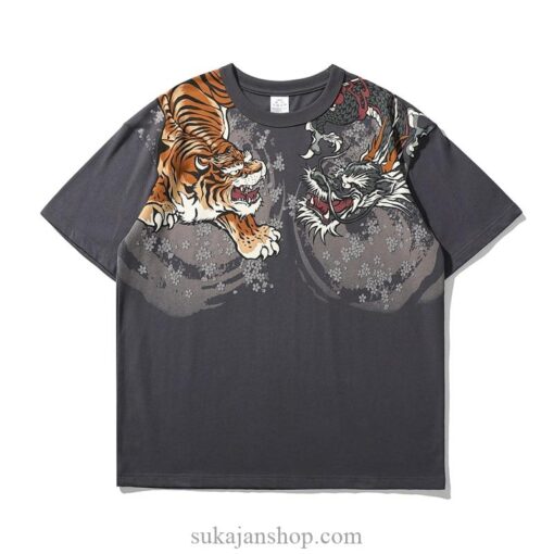Japanese Style Roaring Tiger Dragon Print Sukajan T Shirt 2