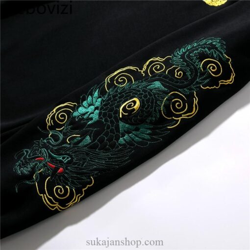 Asian Green Dragon Embroidery Sukajan Fleece Hoodie 3