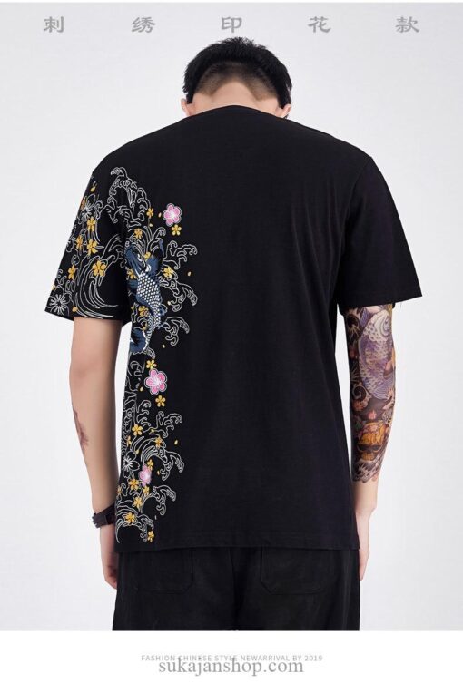 Brocade Carp Embroidery Cotton T-Shirt 11
