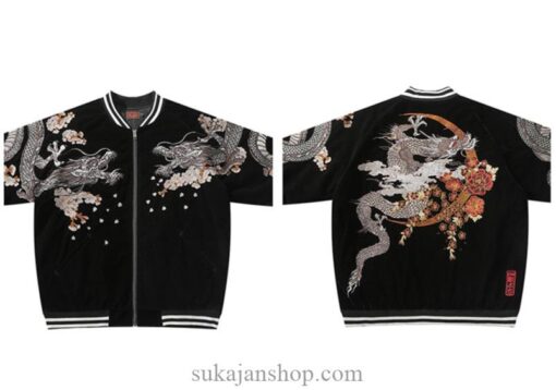 Black Japanese Embroidered Japanese Dragon Cotton Padded Sukajan Jacket 2